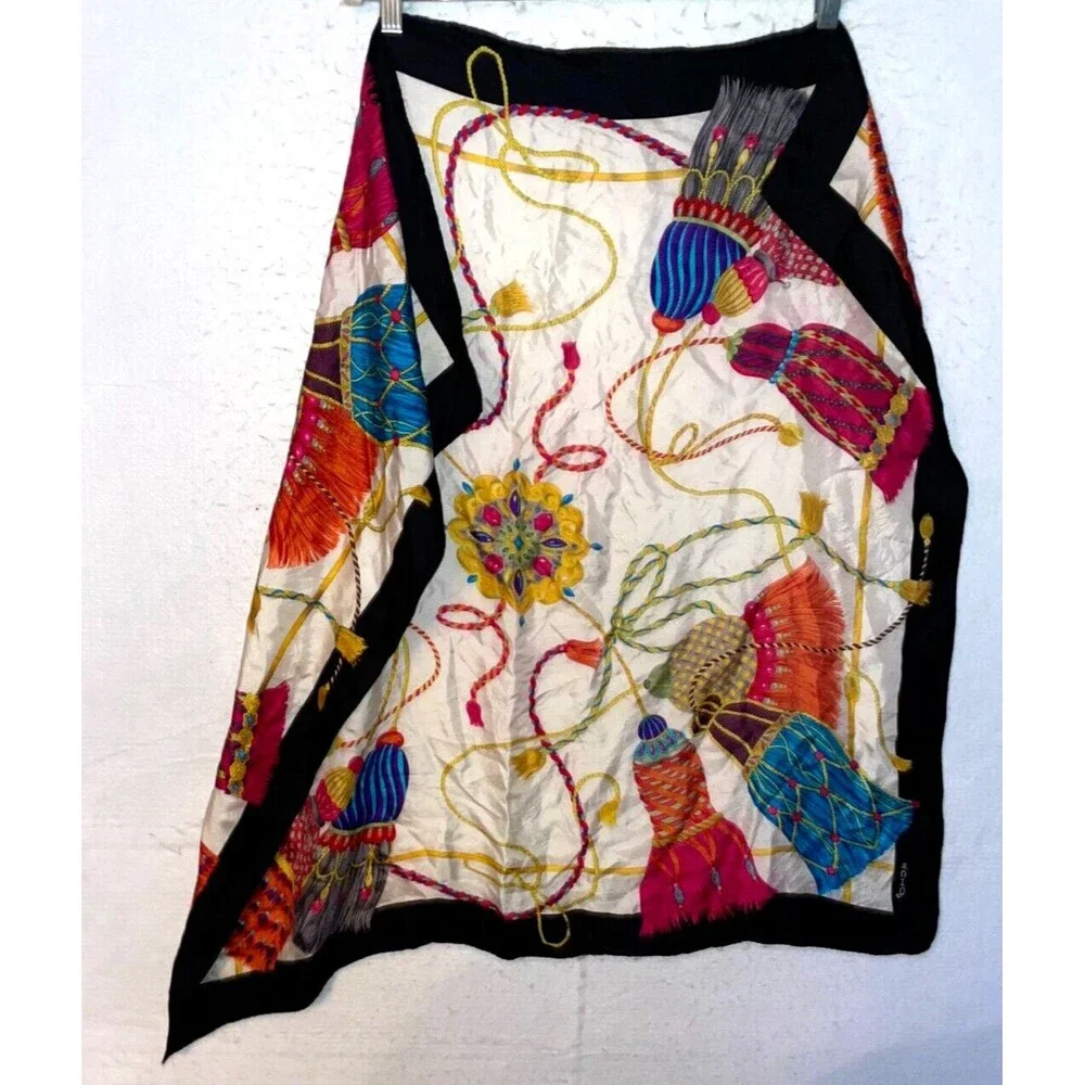 Stunning vintage echo silk scarf Colorful Exotic Tassel pattern 34x34